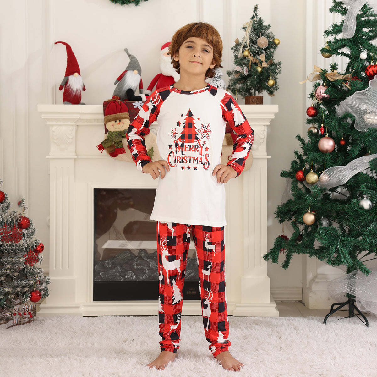 Red Plaid Christmas Pajamas Buffalo Plaid Reindeer Print Christmas Long Sleeve Pajamas CHP-80