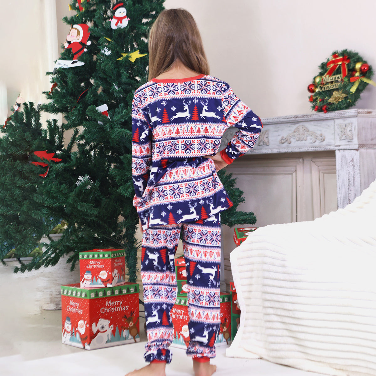 Dad and Kids Christmas Pajamas Navy Reindeer Fair Isle Pattern Matching Christmas PJs CHP-99