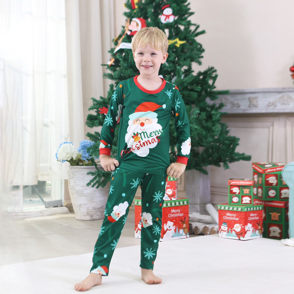 Christmas Family Photo Outfits Green Santa Snowflake Allover Print Holiday Matching Pajamas CHP-90