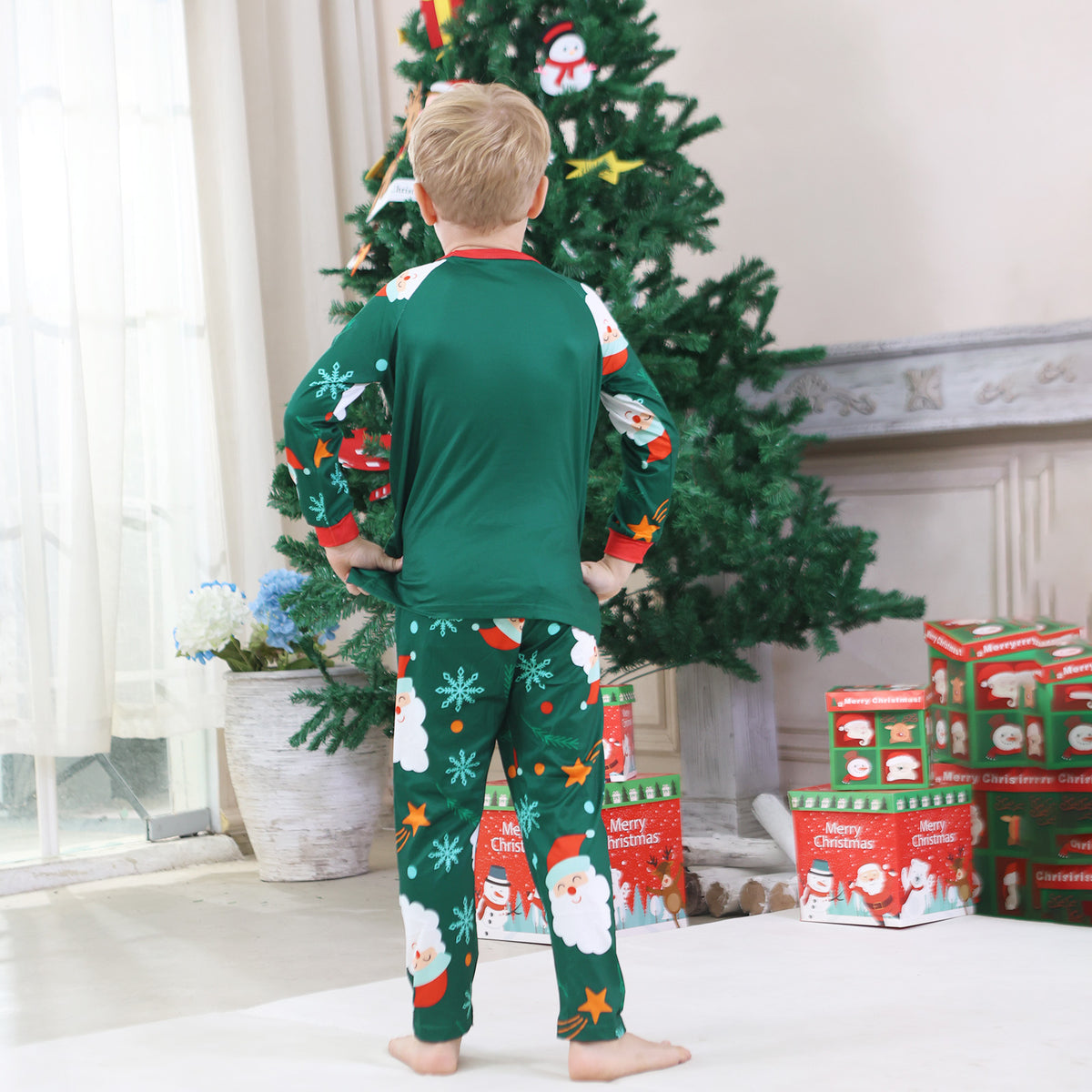 Christmas Family Photo Outfits Green Santa Snowflake Allover Print Holiday Matching Pajamas CHP-90