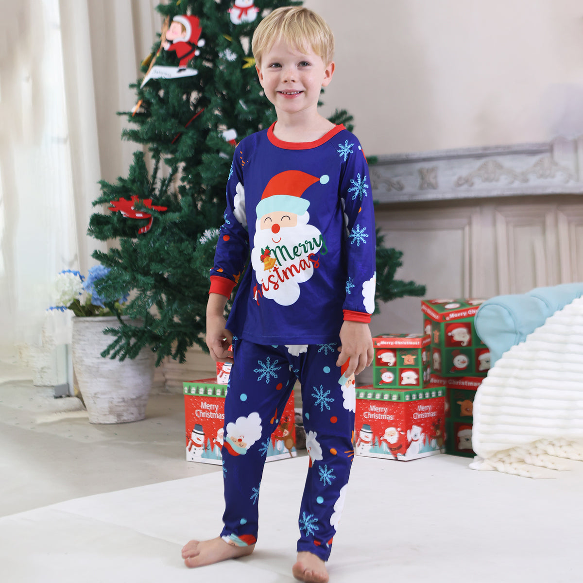 Christmas Family Photoshoot Outfits Royal Blue Santa Snowflake Allover Print Christmas Pajamas CHP-91