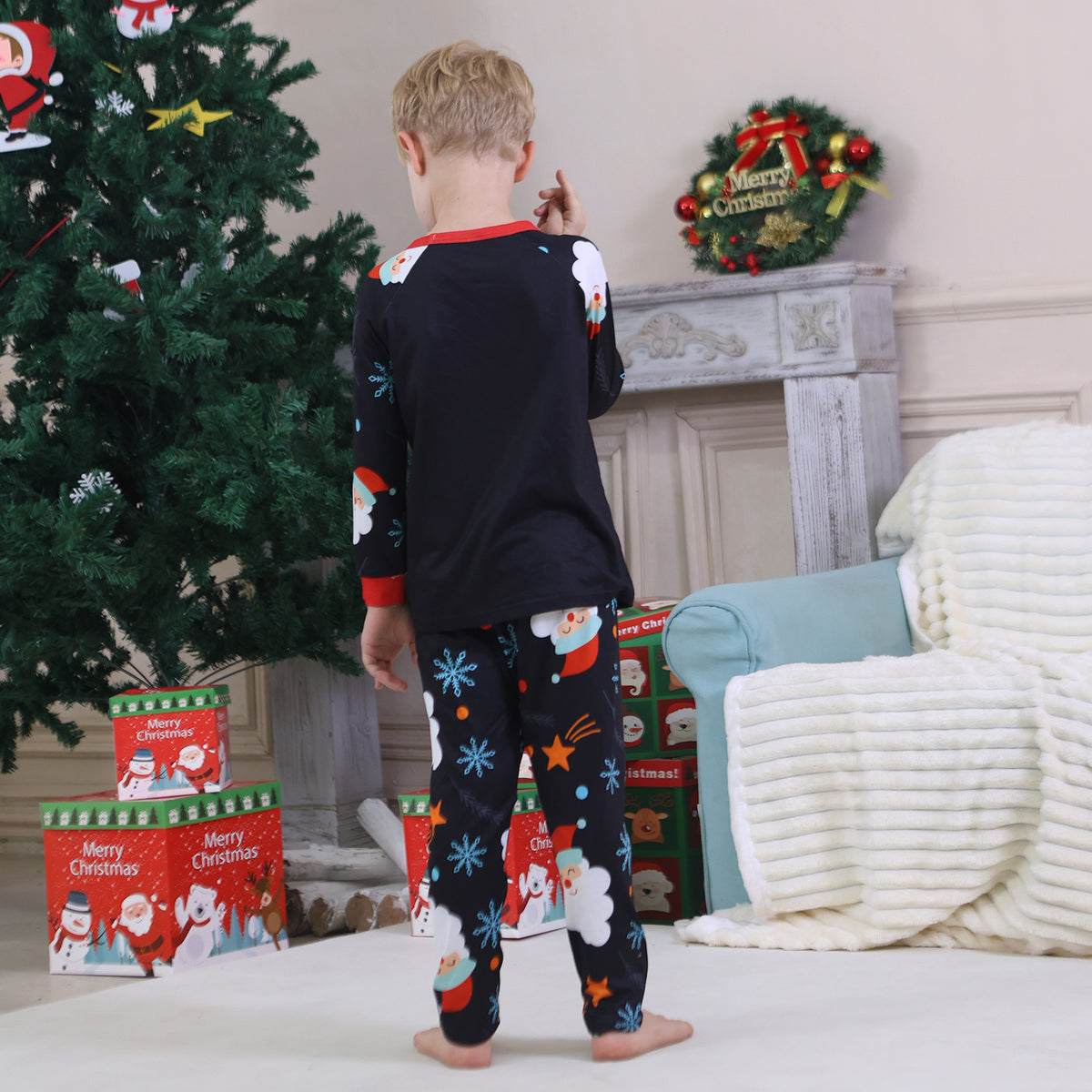 Christmas Pajama Set Navy Santa Snowflake Allover Print Matching Christmas Pajamas for Photos CHP-92