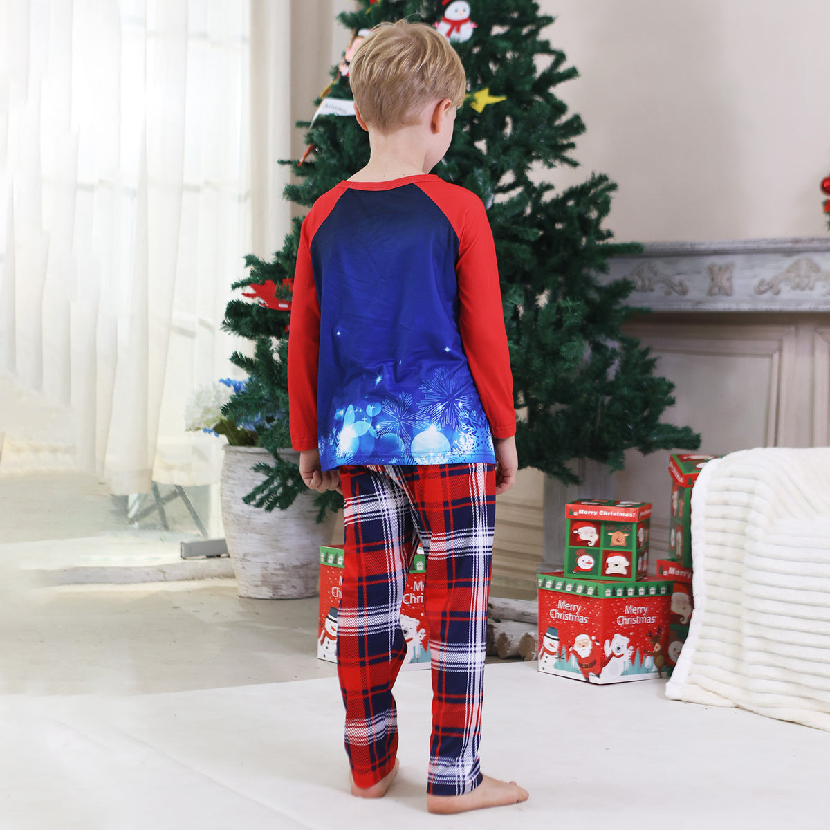 Christmas Morning Pajamas Blue Reindeer Snowflake Plaid Print Christmas Family Photoshoot Outfits CHP-96