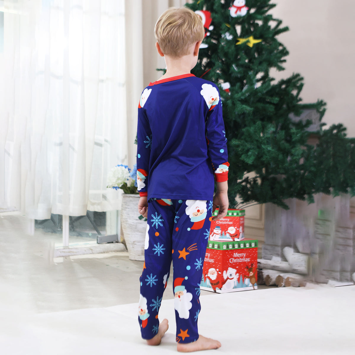 Christmas Family Photoshoot Outfits Royal Blue Santa Snowflake Allover Print Christmas Pajamas CHP-91