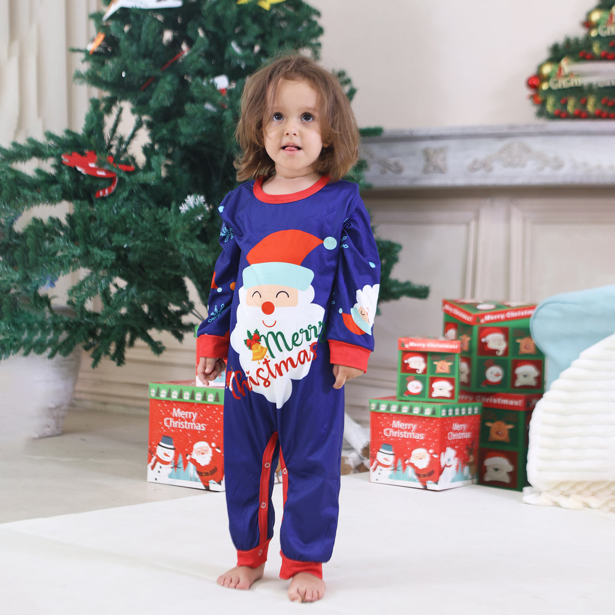 Christmas Family Photoshoot Outfits Royal Blue Santa Snowflake Allover Print Christmas Pajamas CHP-91