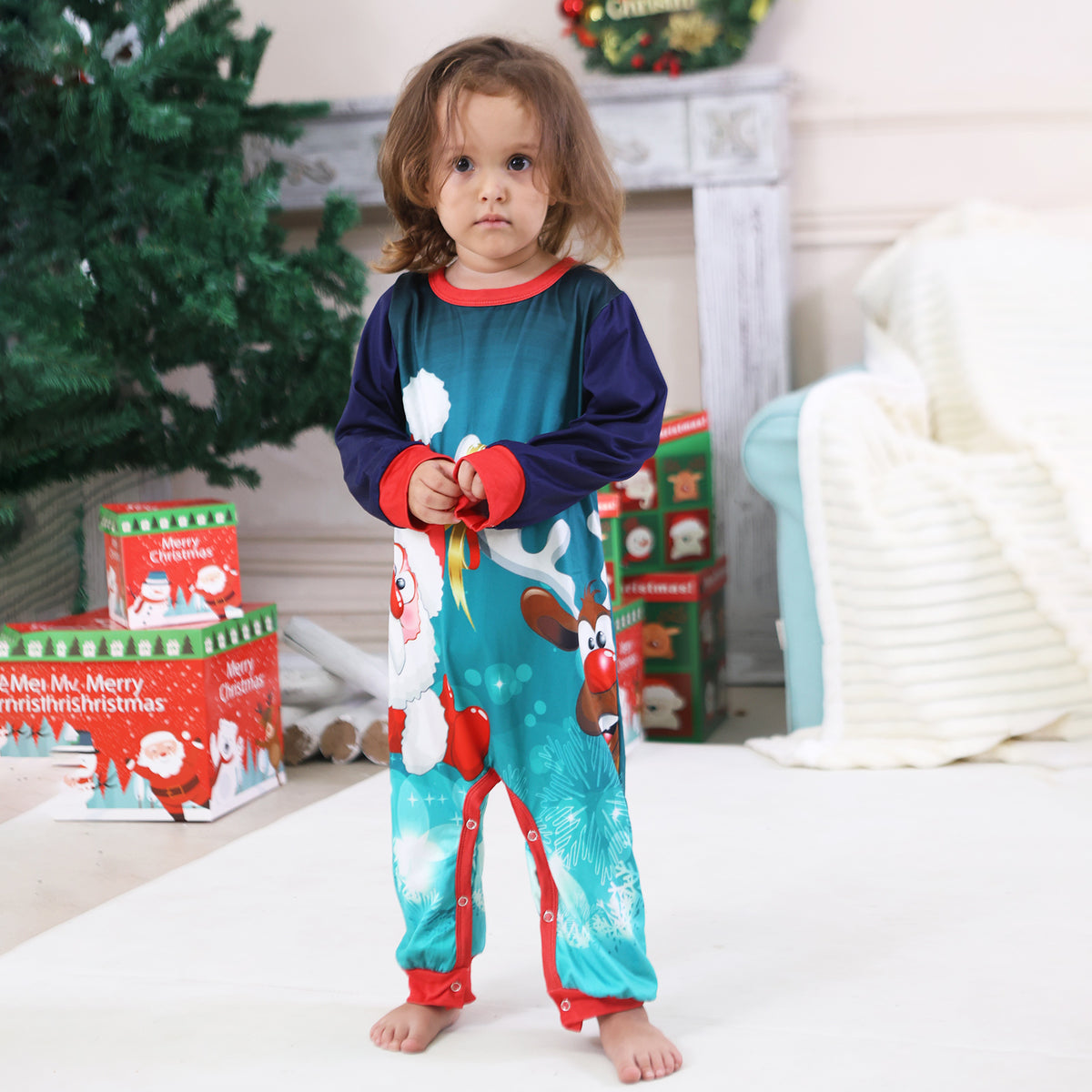 Holiday Matching Pajamas Santa Hat Reindeer Teal Plaid Print Christmas Family Photo Outfits CHP-97