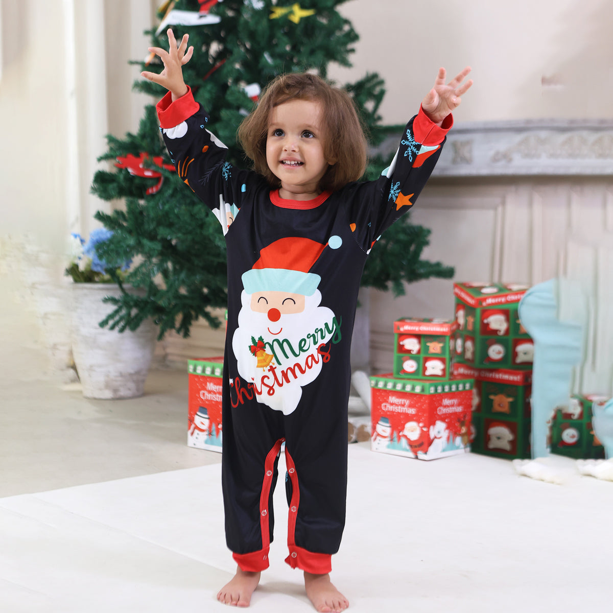 Christmas Pajama Set Navy Santa Snowflake Allover Print Matching Christmas Pajamas for Photos CHP-92