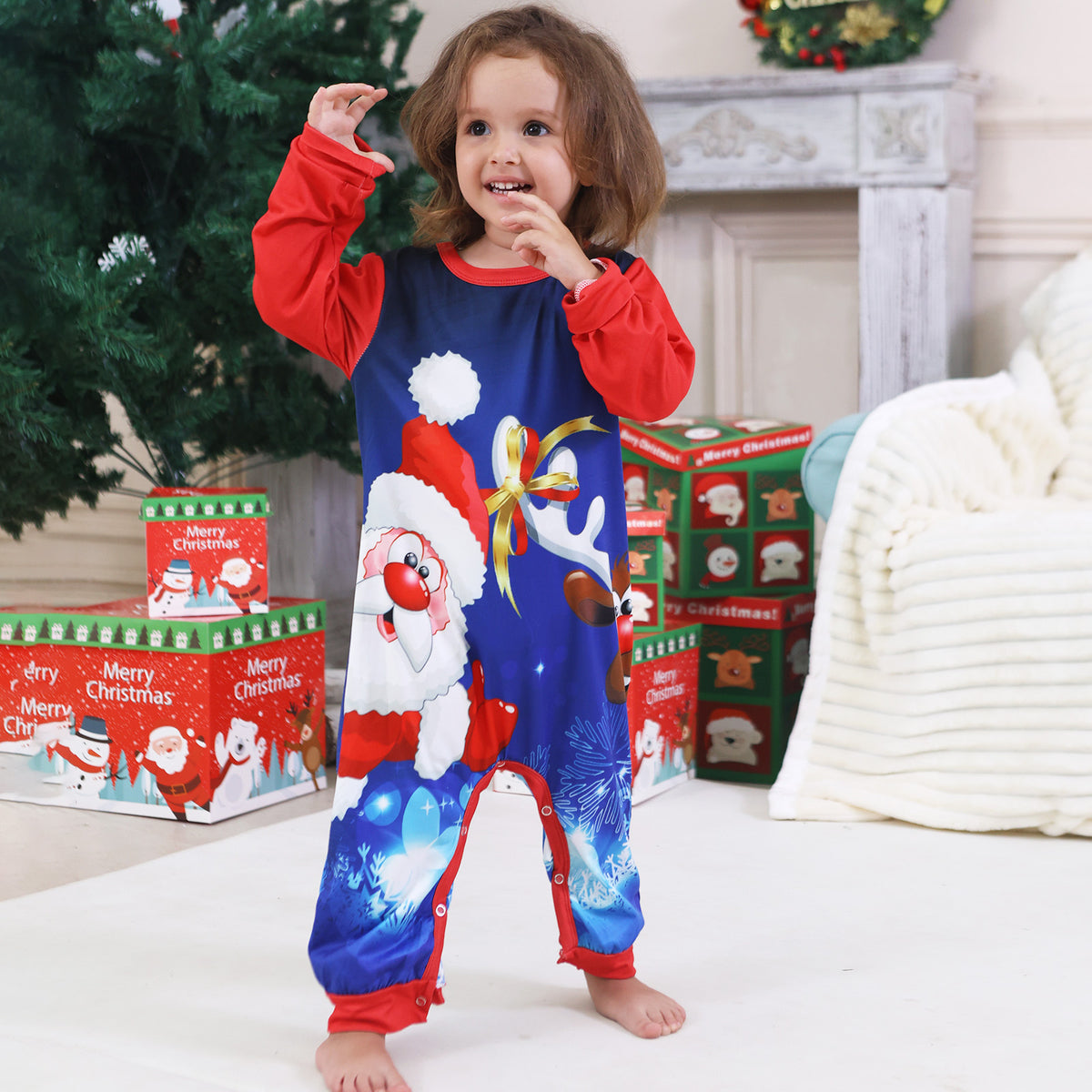 Christmas Morning Pajamas Blue Reindeer Snowflake Plaid Print Christmas Family Photoshoot Outfits CHP-96