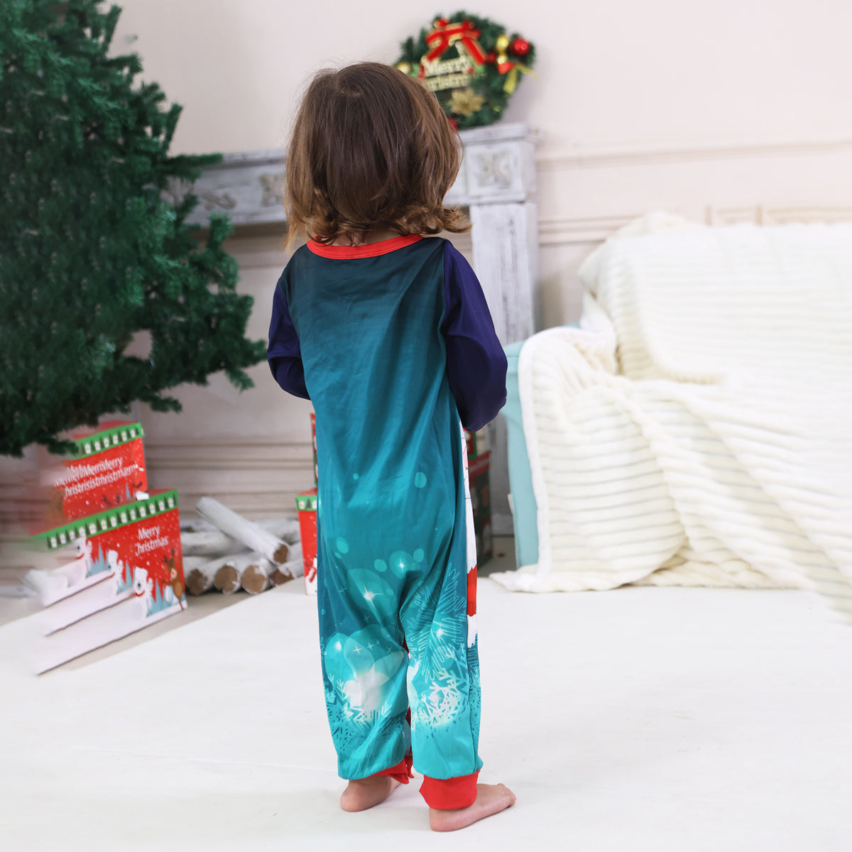 Holiday Matching Pajamas Santa Hat Reindeer Teal Plaid Print Christmas Family Photo Outfits CHP-97