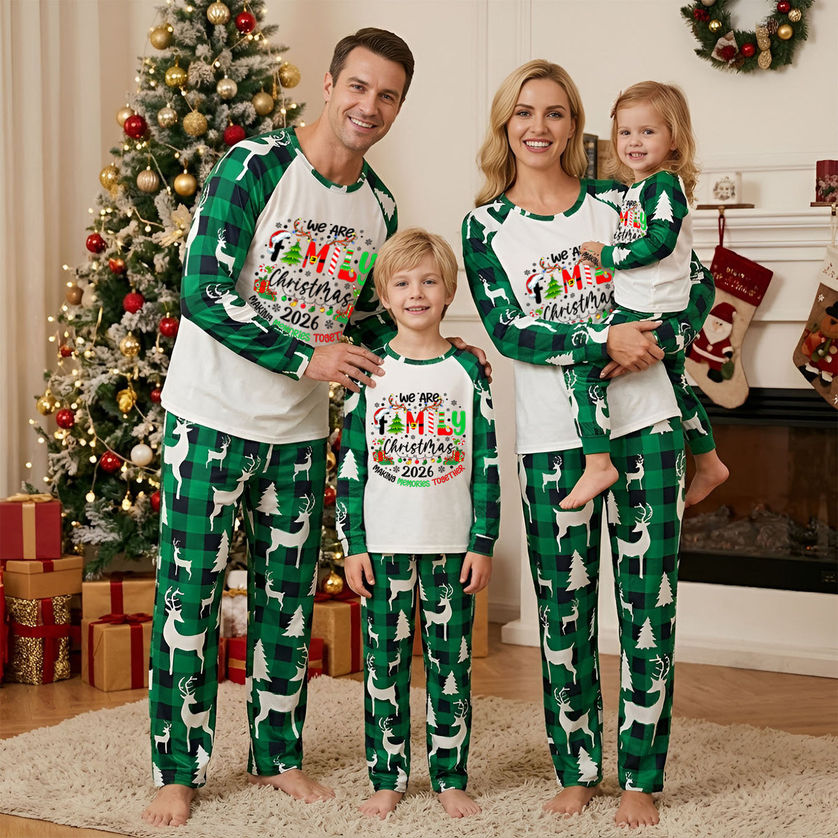 Matching Christmas PJs Green Plaid Reindeer Print Cute Christmas Pajamas CHP-9