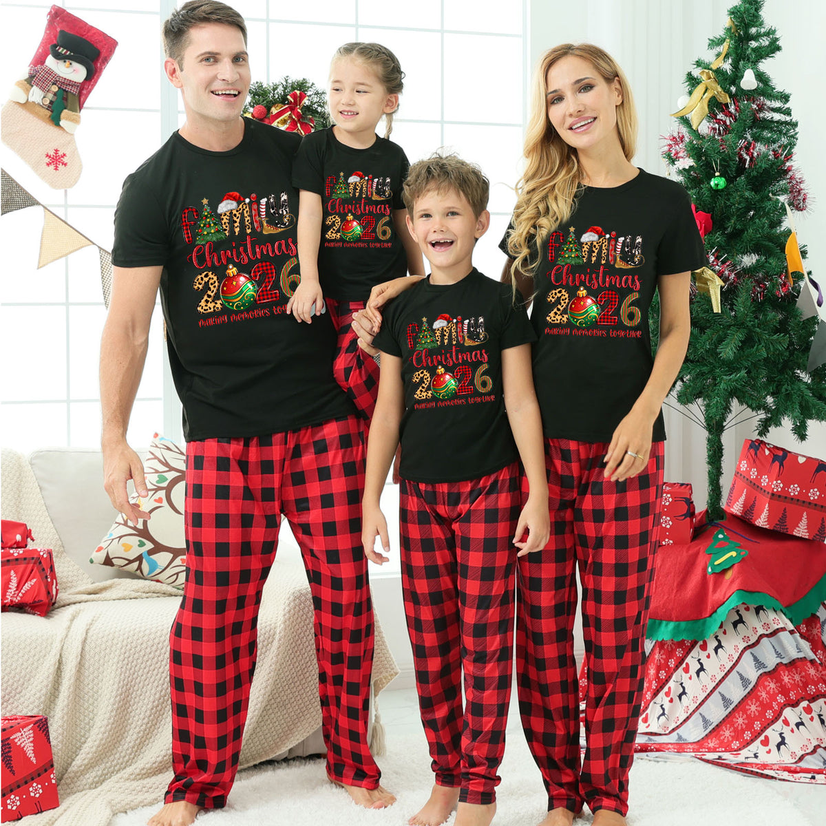 Dad and Kids Christmas Pajamas Santa Hat Tree Typography Christmas Family Photo Outfits CHP-39