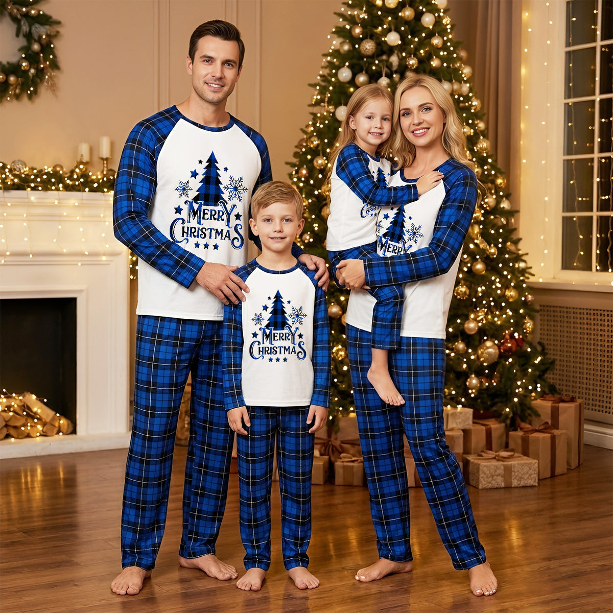 Matching Christmas Pajamas for Photos Blue Plaid Tree Print Christmas Long Sleeve Pajamas CHP-100