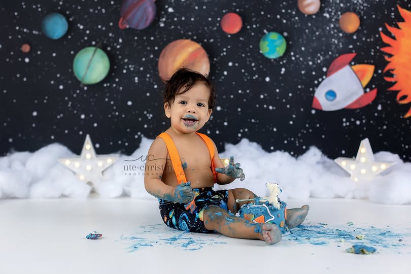 Cake Smash Backdrop Rocket Adventure Colorful Planets Starlight Birthday Backdrop MRR9-62