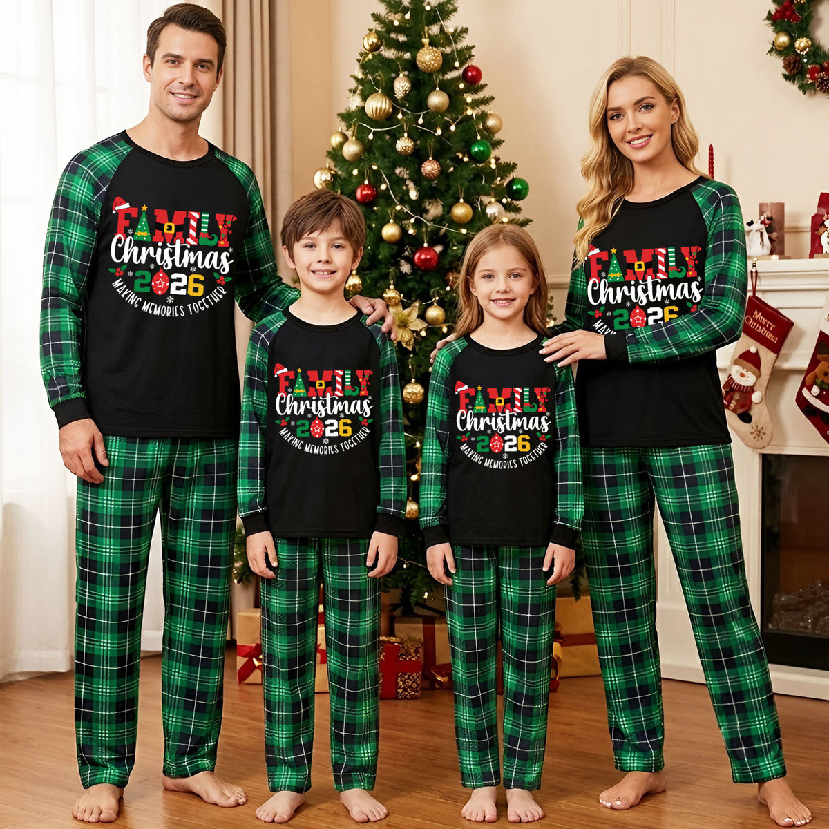 Christmas Thermal Pajamas Festive Letter Print Green Plaid Christmas PJs CHP-16
