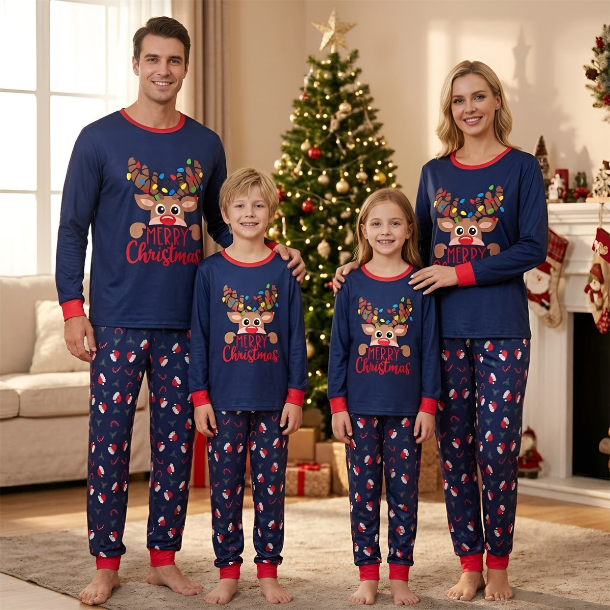 Matching Christmas Pajamas for Photos Merry Reindeer Santa Print Family Christmas Pajamas CHP-105