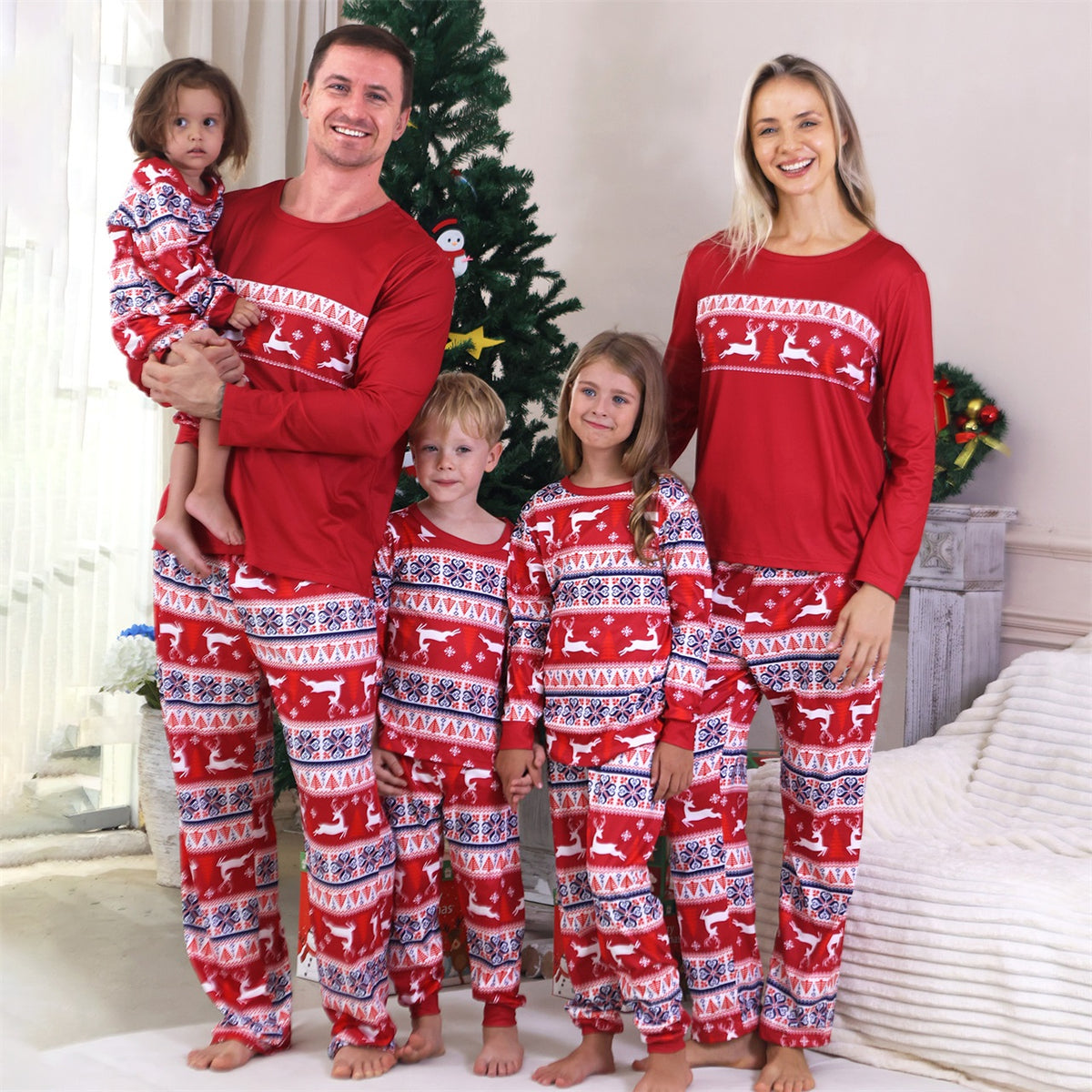 Mommy and Me Christmas Pajamas Red Reindeer Fair Isle Pattern Christmas Pajamas for Family Photos CHP-98