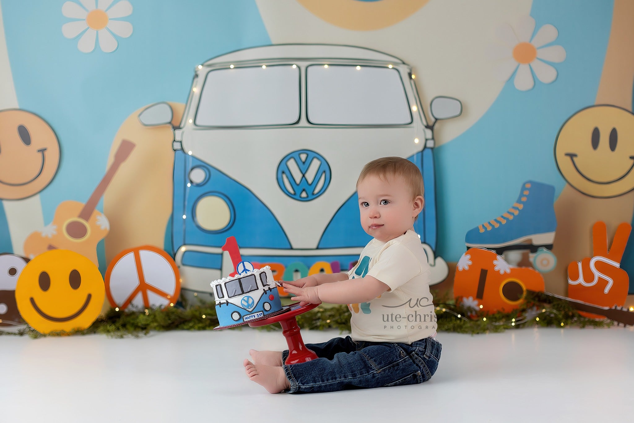 Birthday Backdrop Retro Hippie Van Smiley Symbols Cake Smash Backdrop MRR9-57