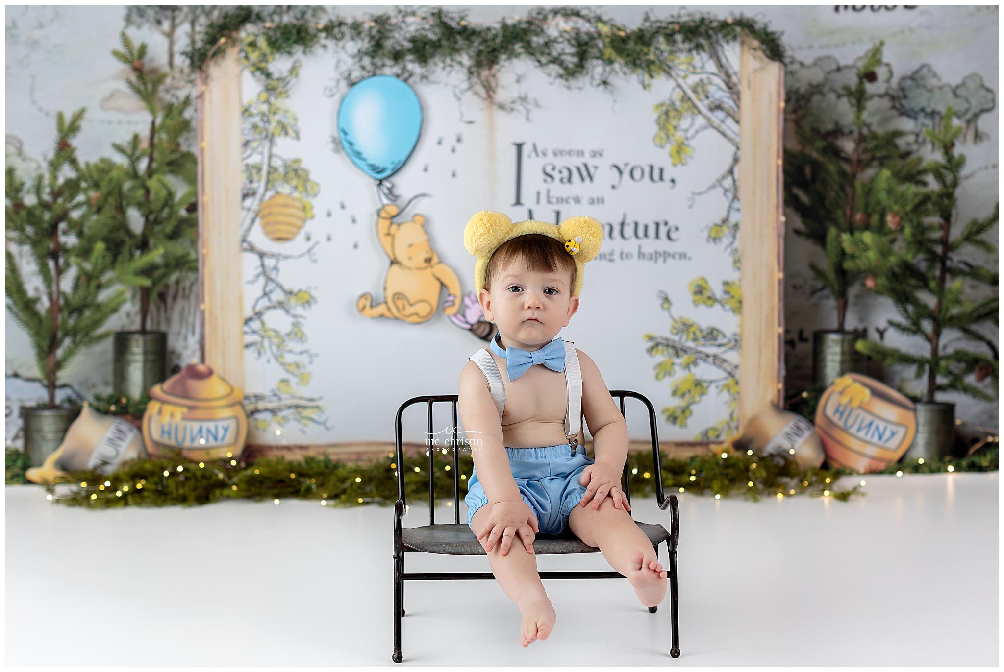 Cake Smash Backdrop Pooh Balloon Adventure Forest Quote 1st Birthday Backdrop MRR9-63