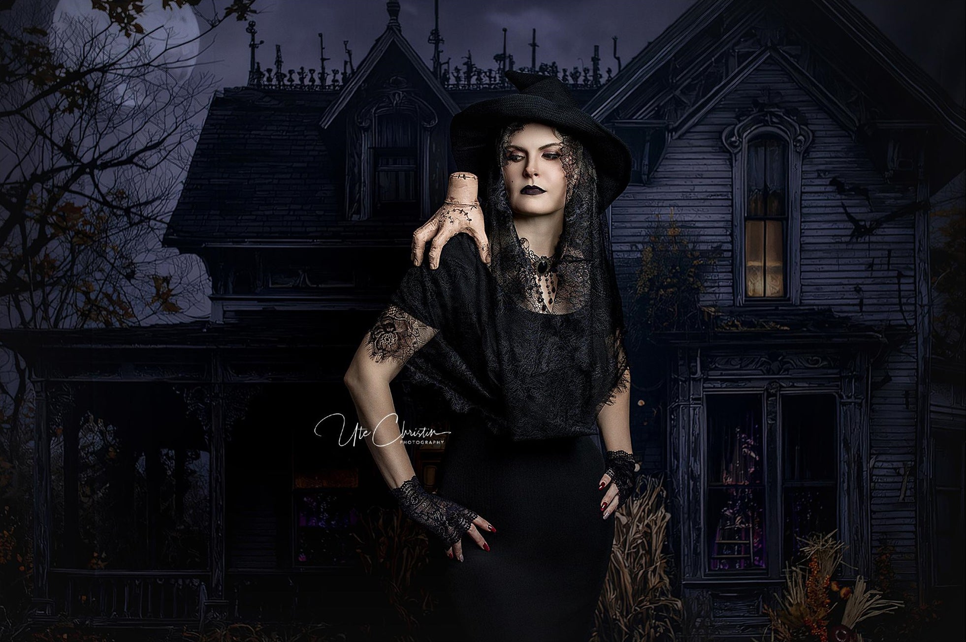 Halloween Backdrop Haunted House Full Moon Night Spooky Halloween Backdrop MRR9-38