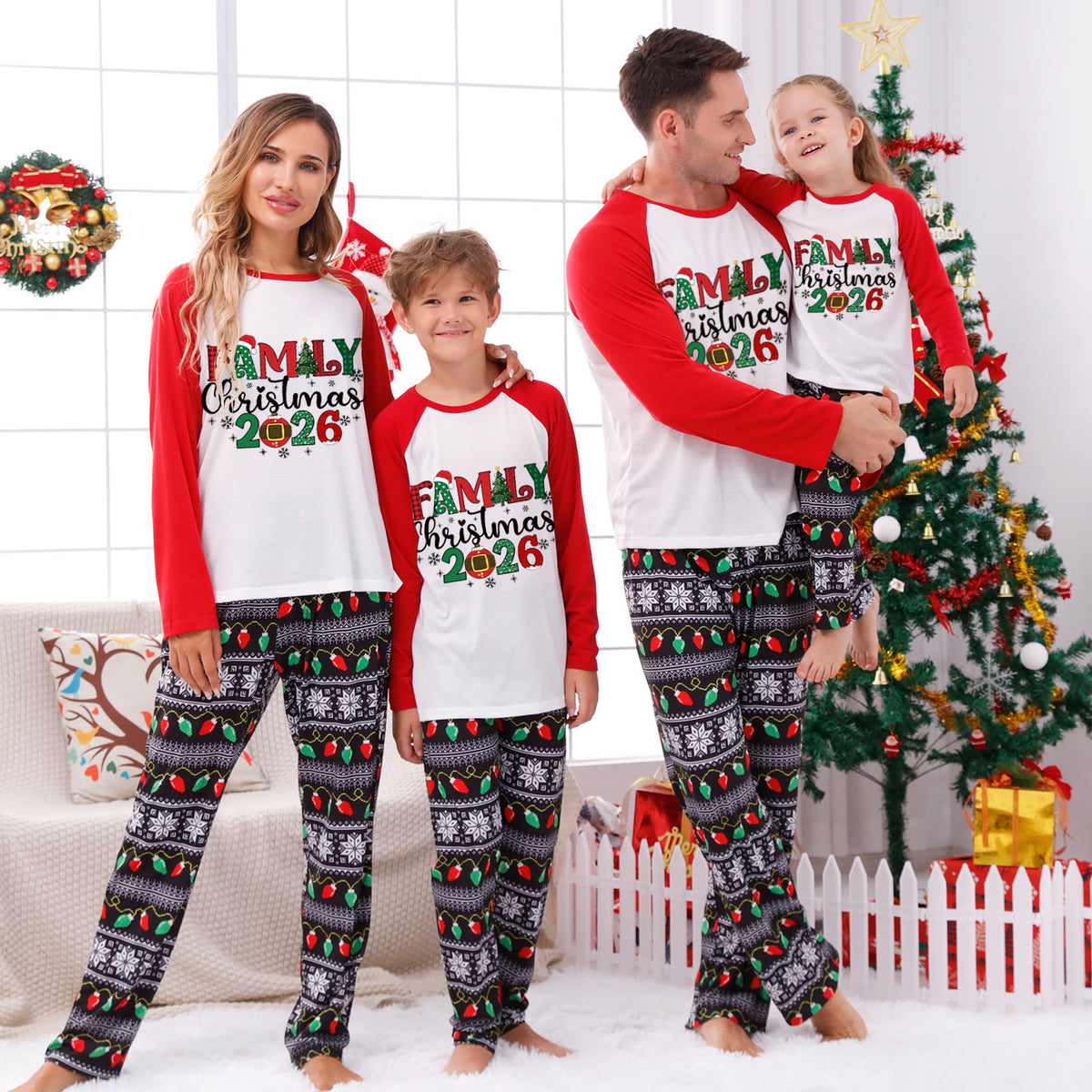 Christmas Pajamas Red Sleeve Family Christmas 2026 Plaid Letter Print Matching Family Photoshoot Sleepwear CHP-125