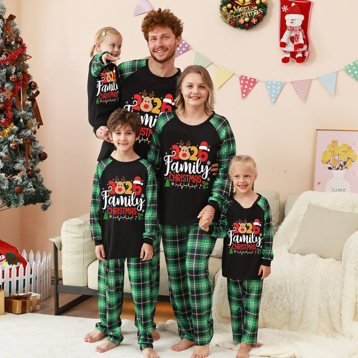Christmas Long Sleeve Pajamas Print Green Plaid Reindeer Christmas Pajamas CHP-14