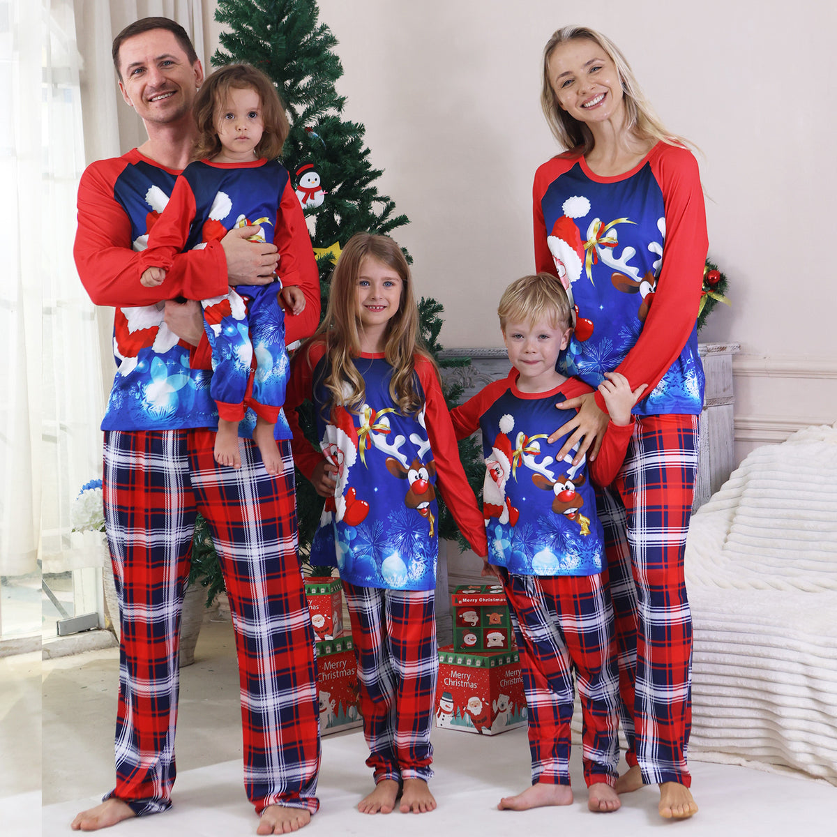 Christmas Morning Pajamas Blue Reindeer Snowflake Plaid Print Christmas Family Photoshoot Outfits CHP-96