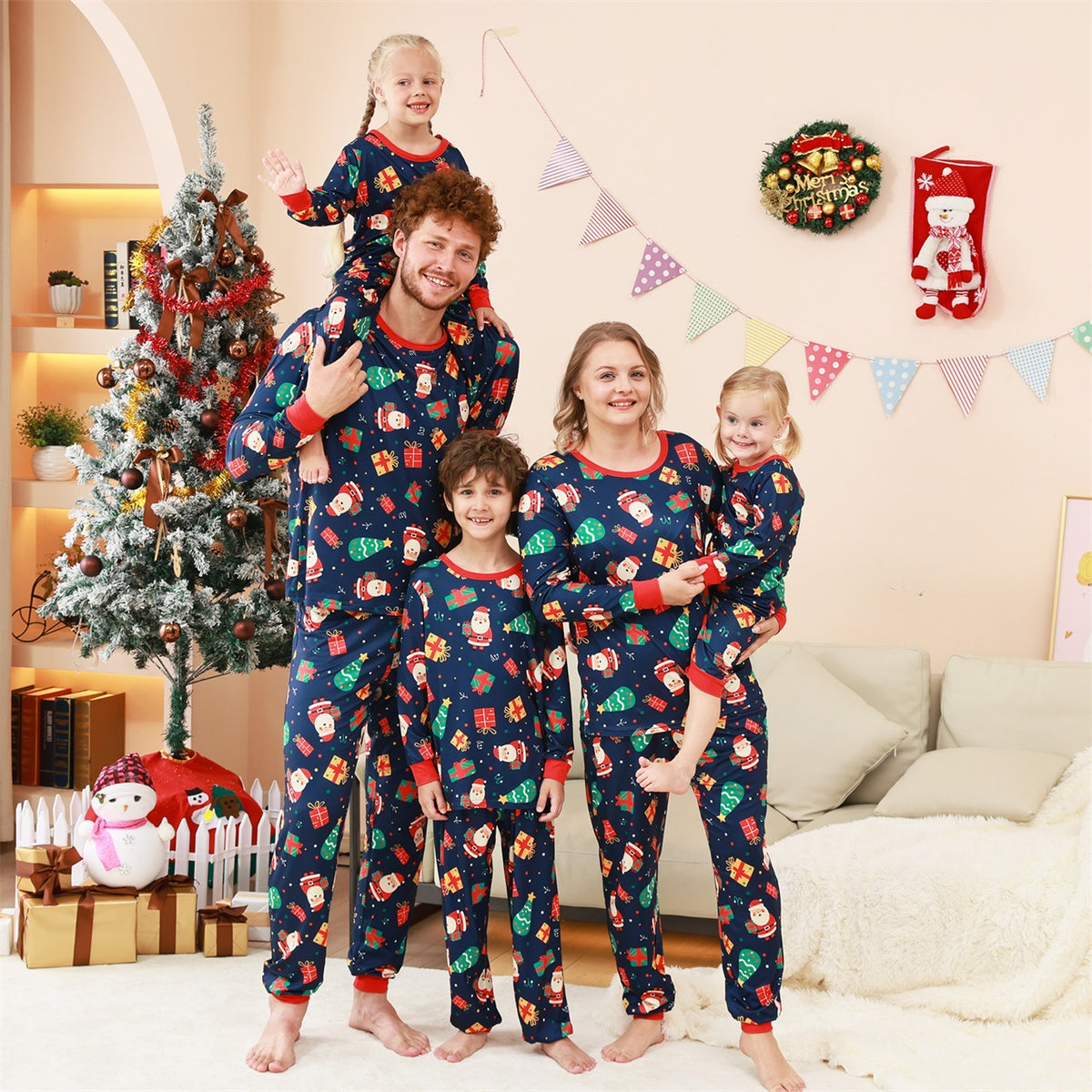 Christmas Eve Pajamas Navy Santa Gift Print Pattern Matching Christmas Pajamas CHP-73