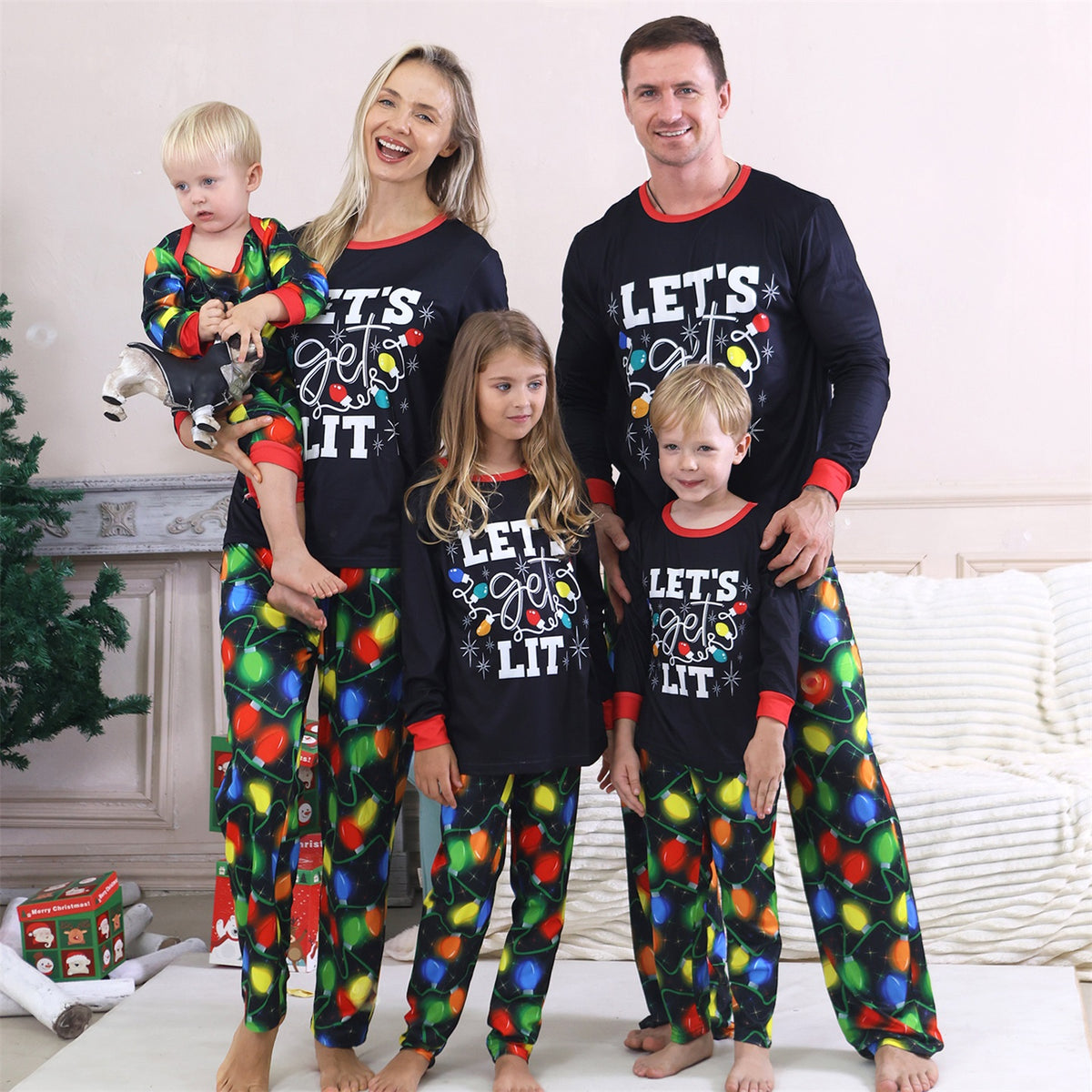 Matching Christmas Pajamas for Photos Colorful Light Bulb Print Christmas Pajama Photoshoot CHP-95