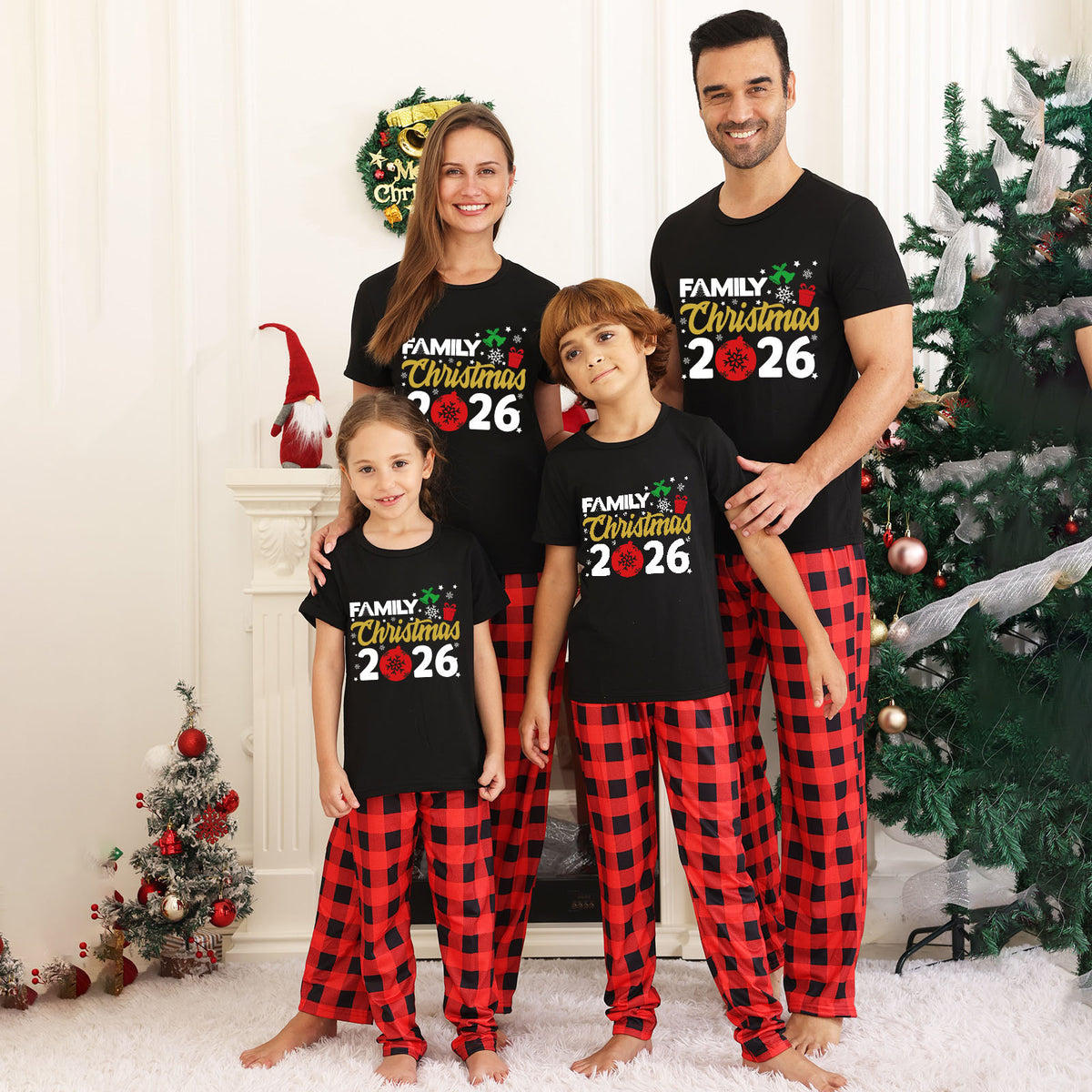 Christmas Card Photo Outfits Red Ornament Typography Christmas Morning Pajamas CHP-33