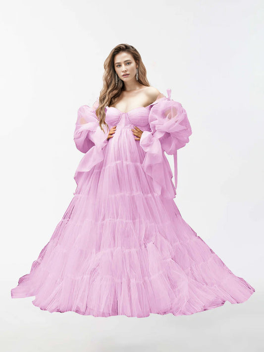 A-Line Tulle Robe Sheer Long Sleeves Maternity Dress for Photography RB2