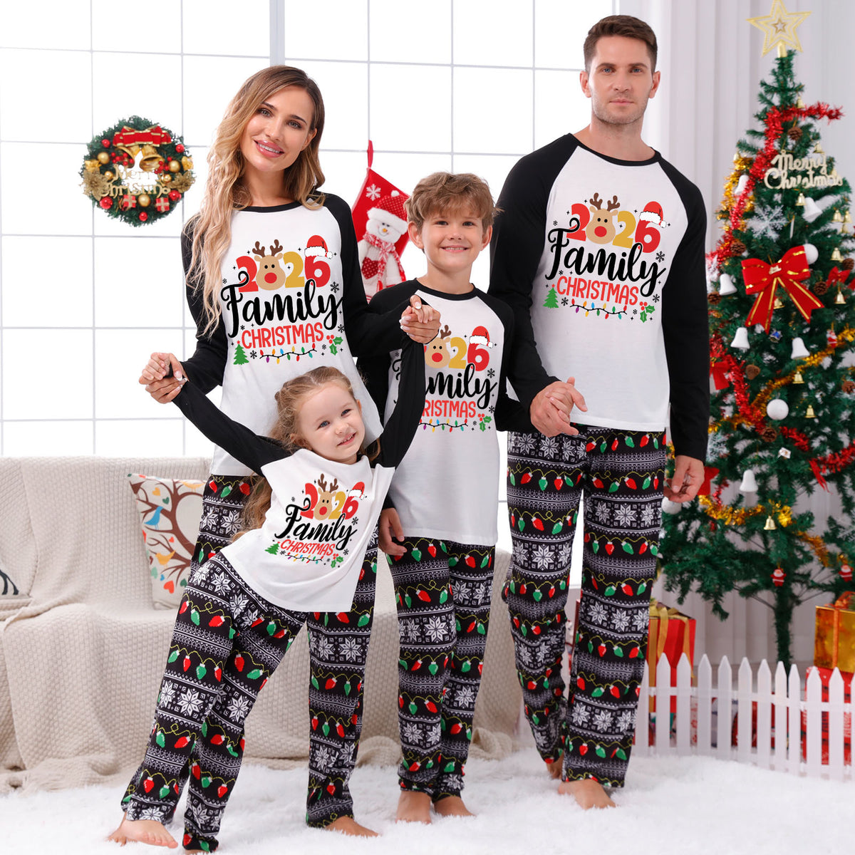 Christmas Pajamas Reindeer 2026 Family Christmas Colorful Lights Print Matching Family Photoshoot Outfit Christmas Sleepwear CHP-117