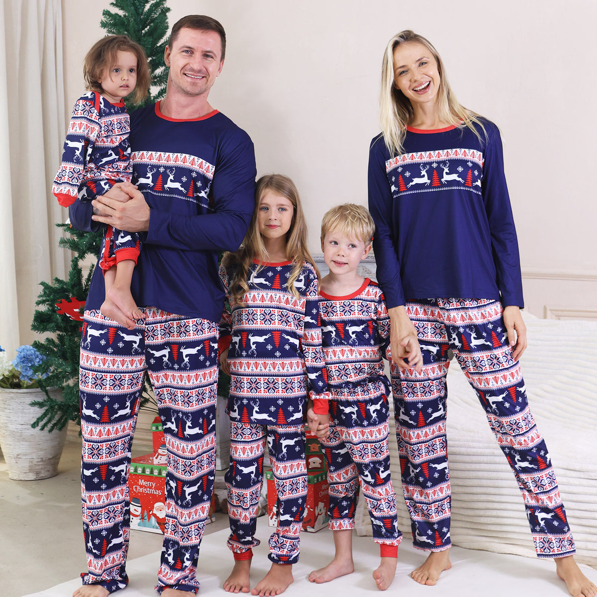 Dad and Kids Christmas Pajamas Navy Reindeer Fair Isle Pattern Matching Christmas PJs CHP-99