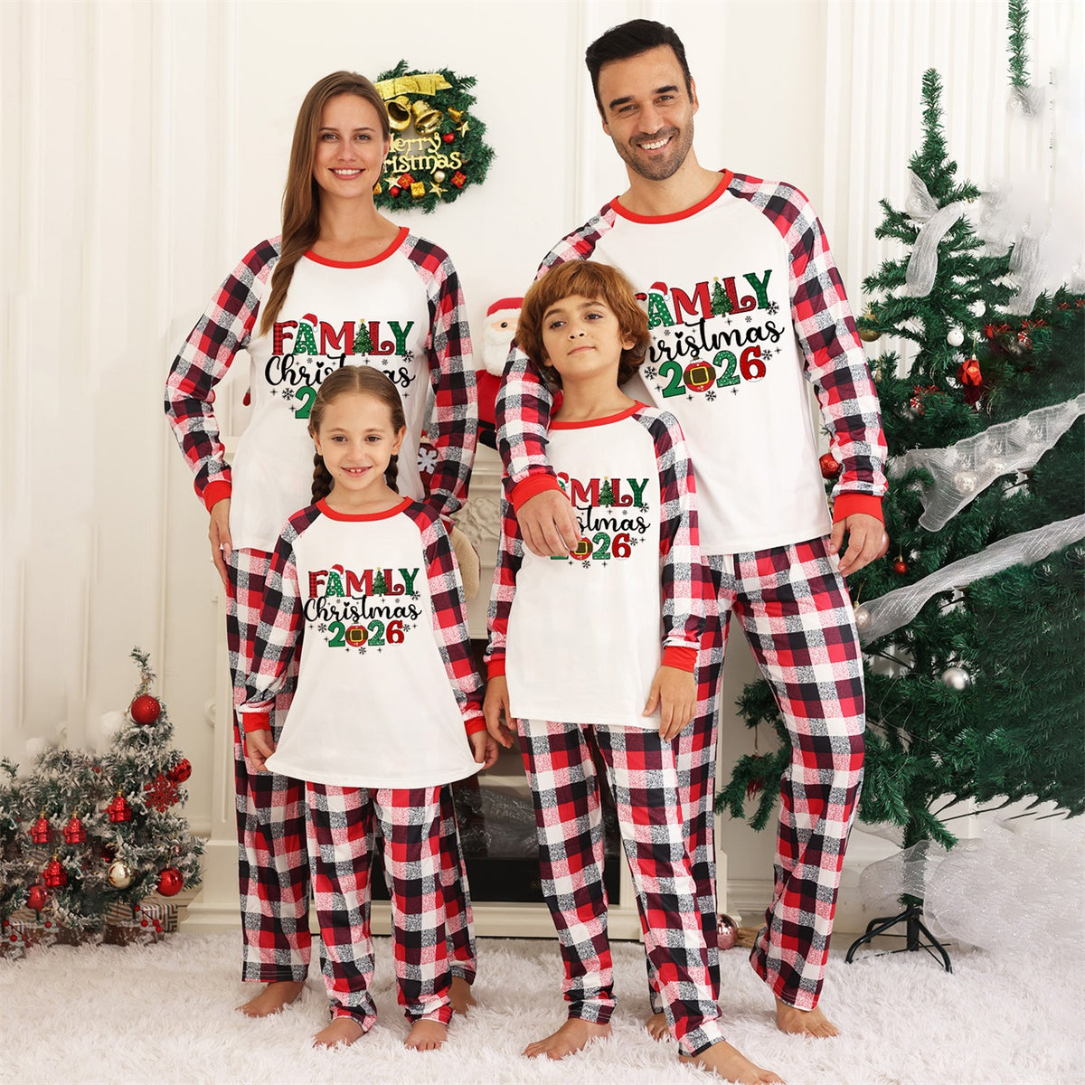 Christmas Party Pajamas Red Plaid Festive Typography Matching Family Christmas Pajamas CHP-74