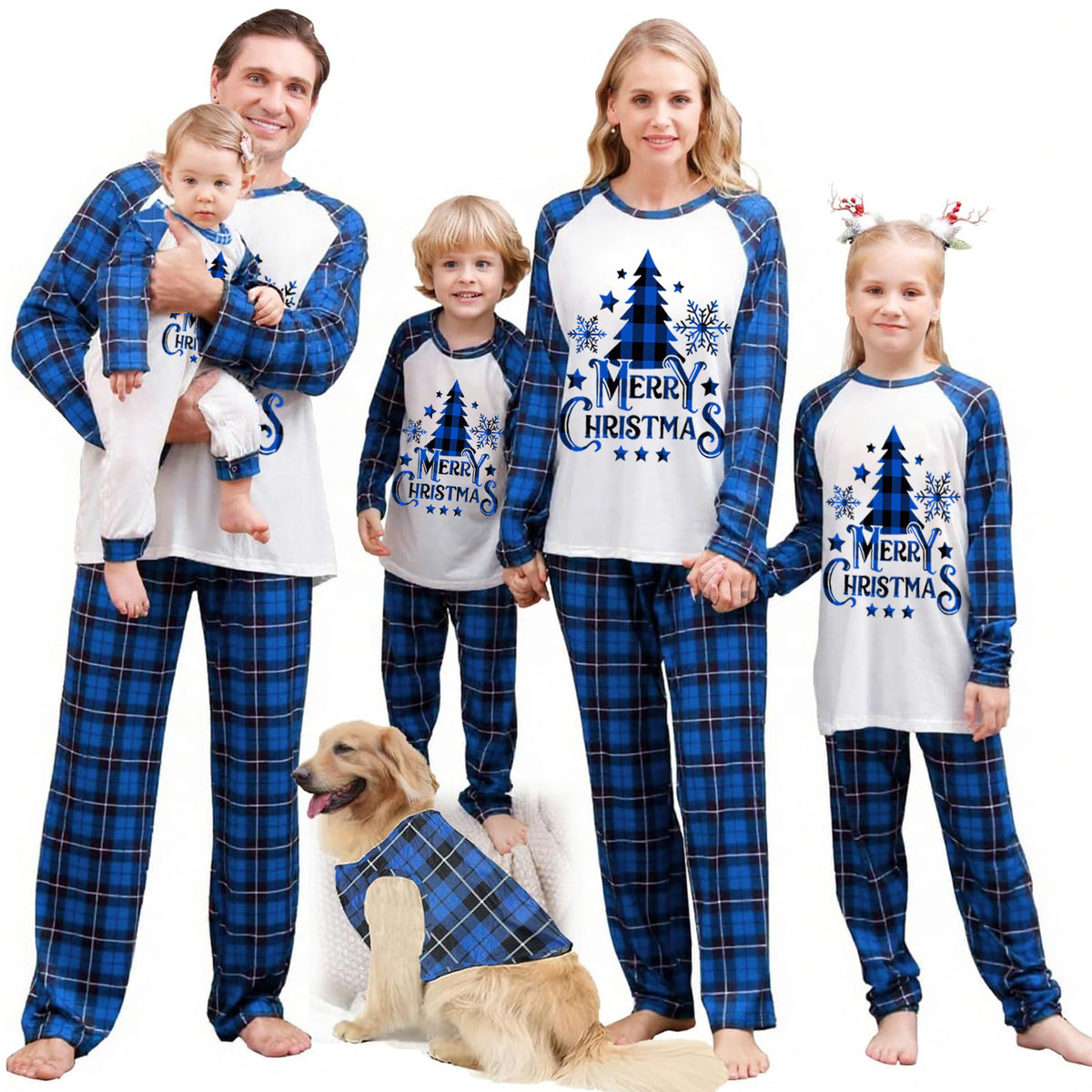 Matching Christmas Pajamas for Photos Blue Plaid Tree Print Christmas Long Sleeve Pajamas CHP-100