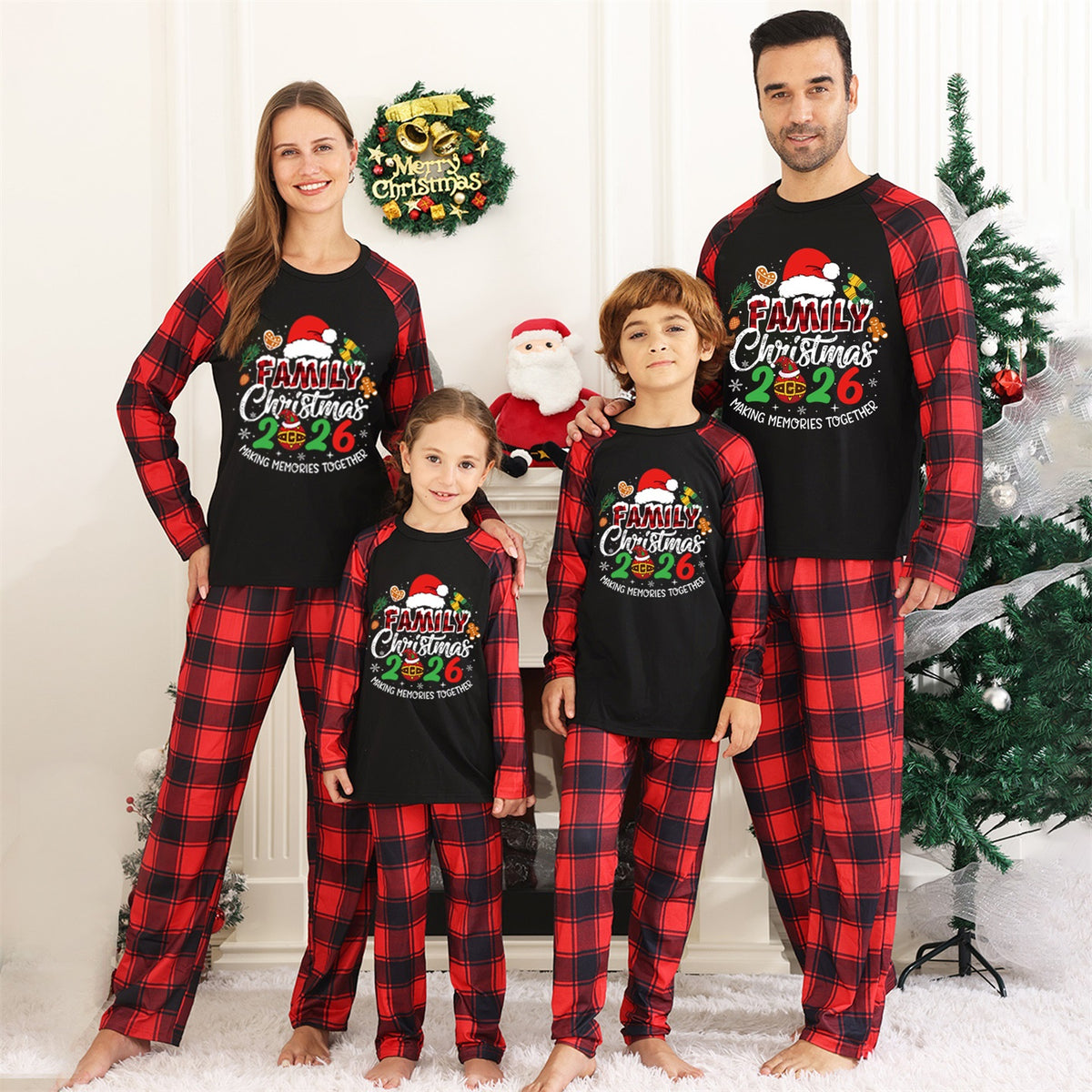 Christmas Plaid Pajamas Santa Hat Festive Typography Matching Christmas Pajamas CHP-43