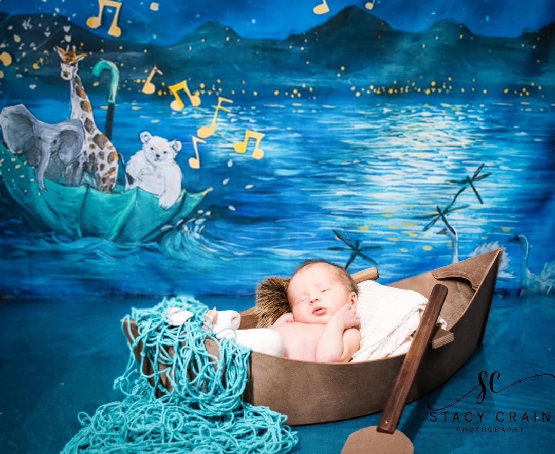 Cartoon Night Blue Lake Scene Backdrops for Baby Photography NB-331