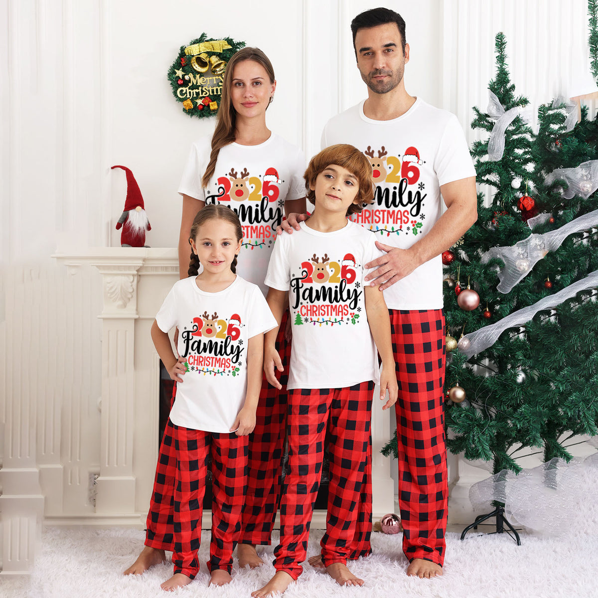 Family Christmas Pajamas Reindeer Faces Festive Lettering Holiday Pajamas CHP-24