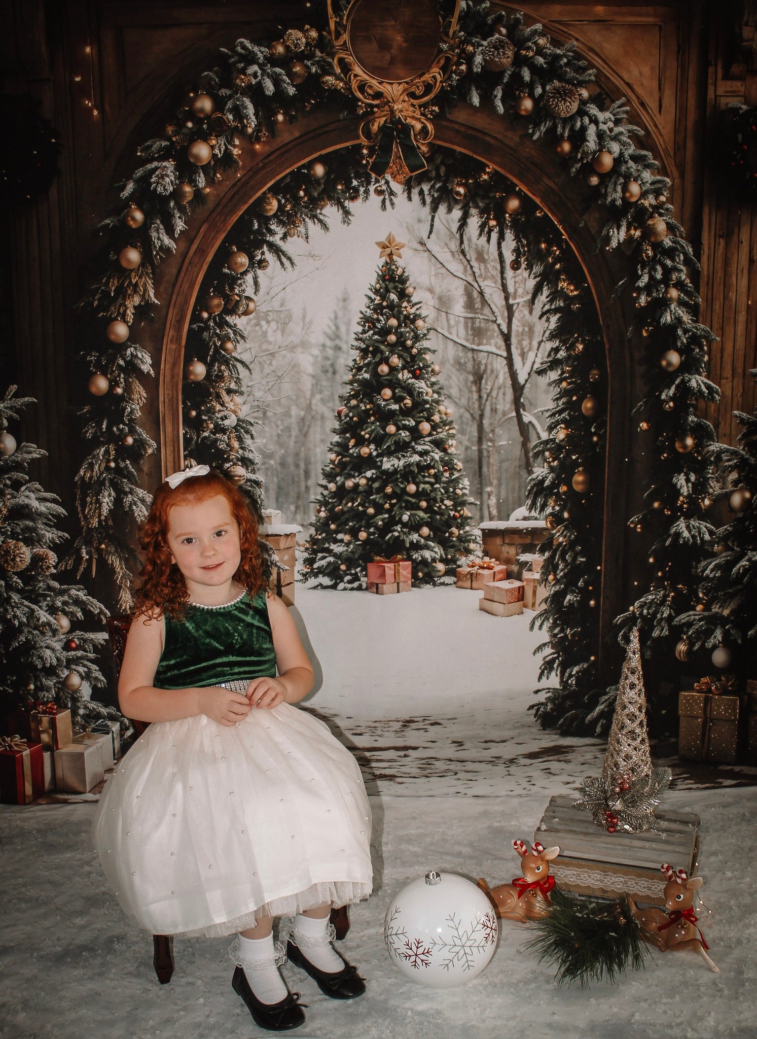 Christmas Tree Backdrop Snowy Forest Arch Door Christmas Photo Backdrop MRR9-77