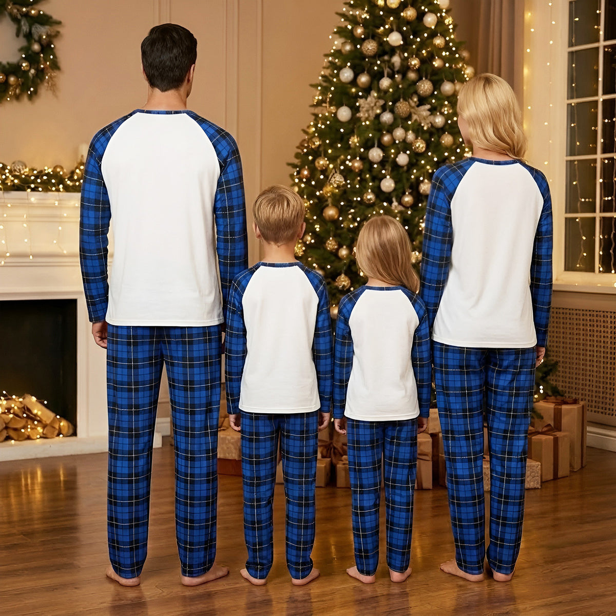 Matching Christmas Pajamas for Photos Blue Plaid Tree Print Christmas Long Sleeve Pajamas CHP-100