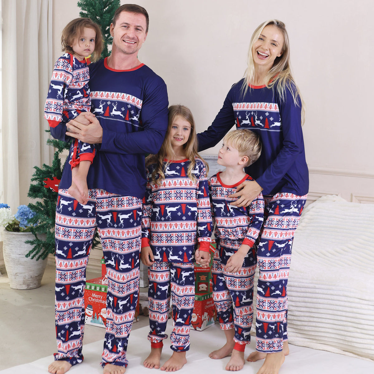 Dad and Kids Christmas Pajamas Navy Reindeer Fair Isle Pattern Matching Christmas PJs CHP-99