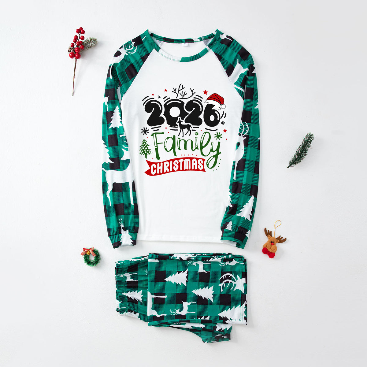 Matching Family Christmas Pajamas Reindeer Green Plaid Christmas PJs CHP-5