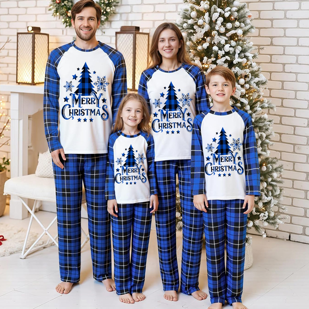 Matching Christmas Pajamas for Photos Blue Plaid Tree Print Christmas Long Sleeve Pajamas CHP-100
