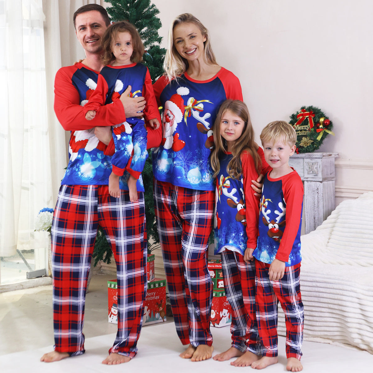 Christmas Morning Pajamas Blue Reindeer Snowflake Plaid Print Christmas Family Photoshoot Outfits CHP-96