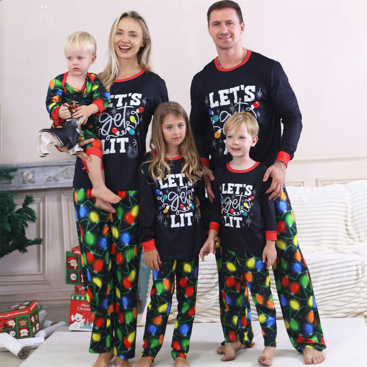 Matching Christmas Pajamas for Photos Colorful Light Bulb Print Christmas Pajama Photoshoot CHP-95