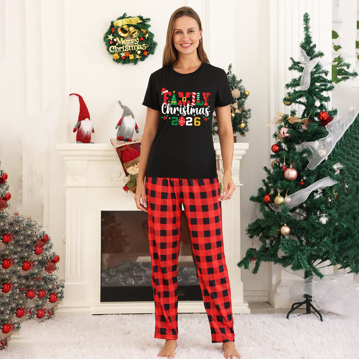 Matching Christmas Pajamas for Photos Santa Hat Festive Lettering Christmas Pajama Set CHP-35