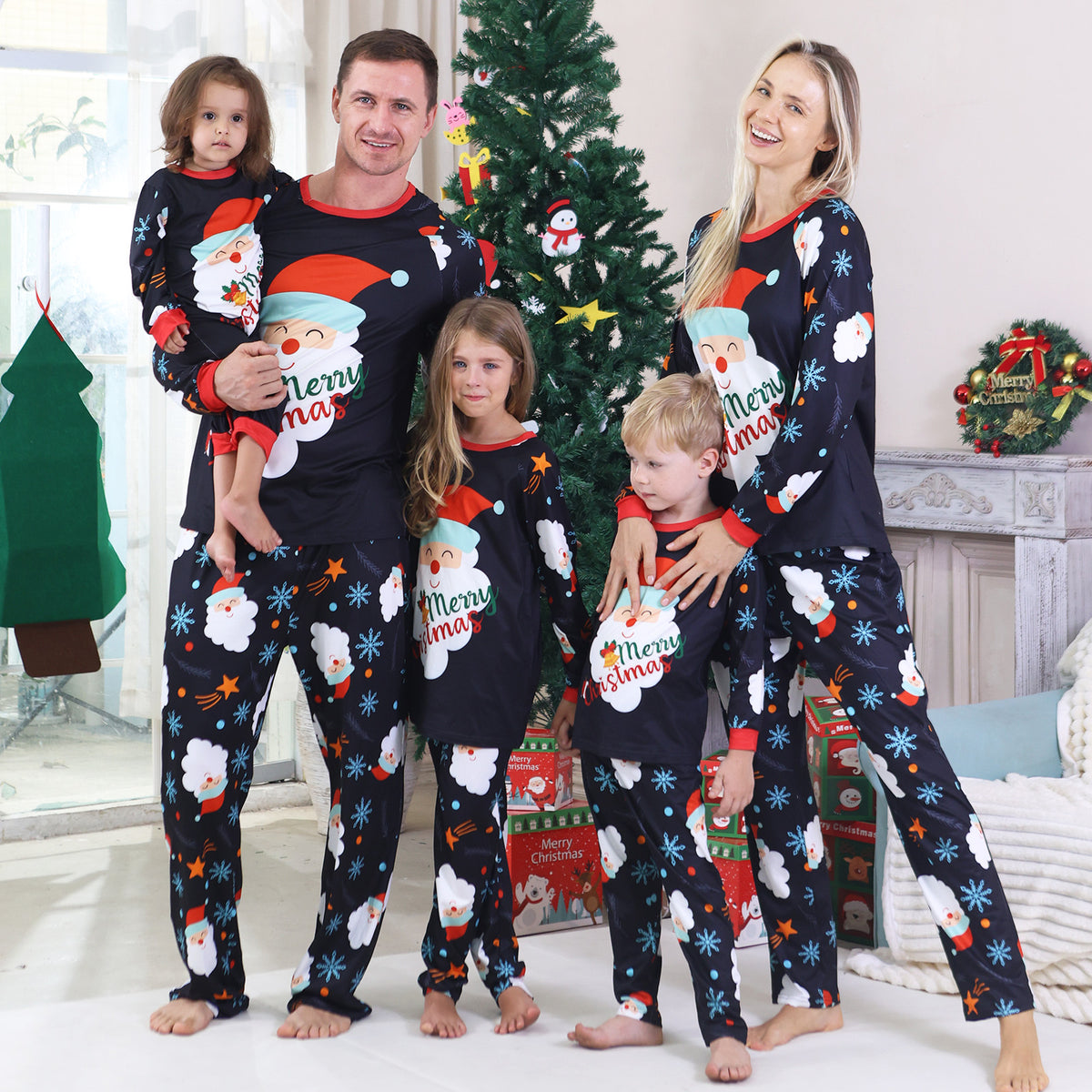 Christmas Pajama Set Navy Santa Snowflake Allover Print Matching Christmas Pajamas for Photos CHP-92