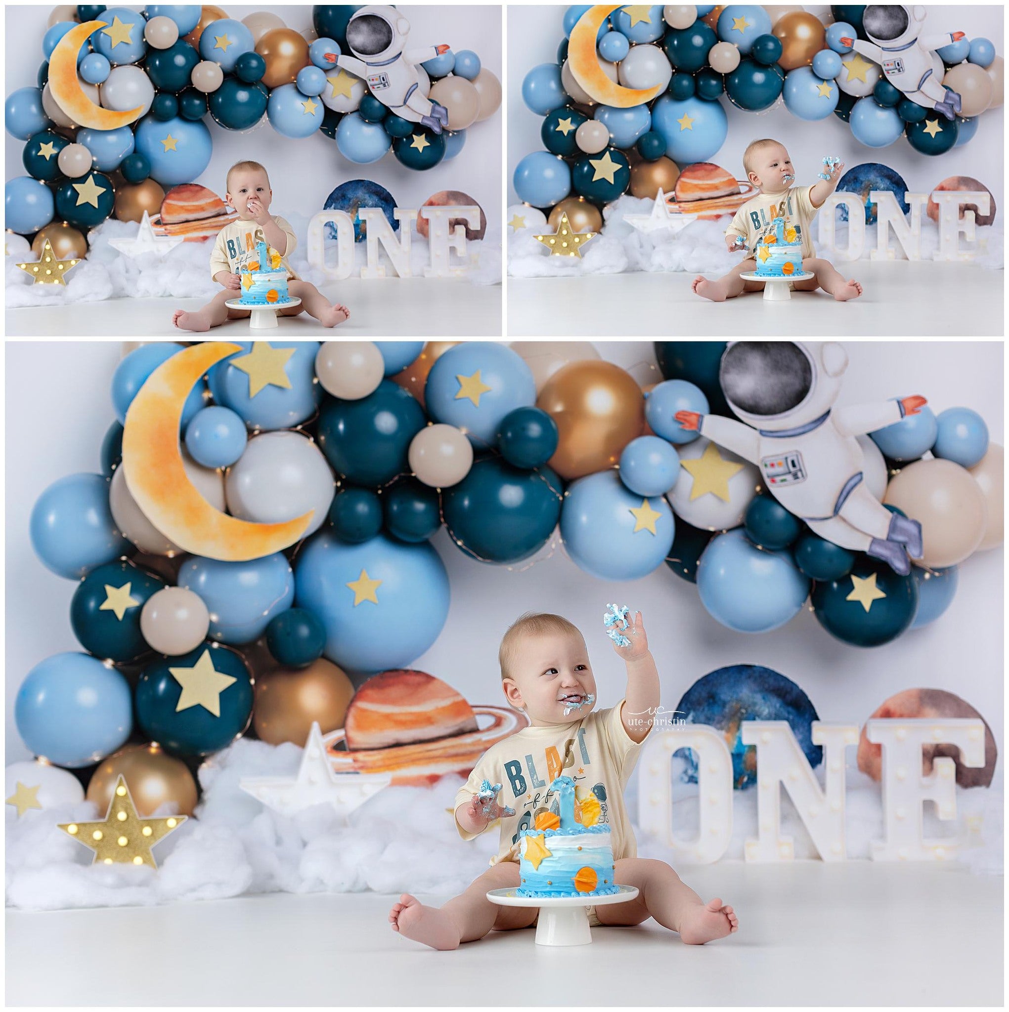 1st Birthday Backdrop Space Astronaut Balloon Adventure Cake Smash Backdrop MRR9-58