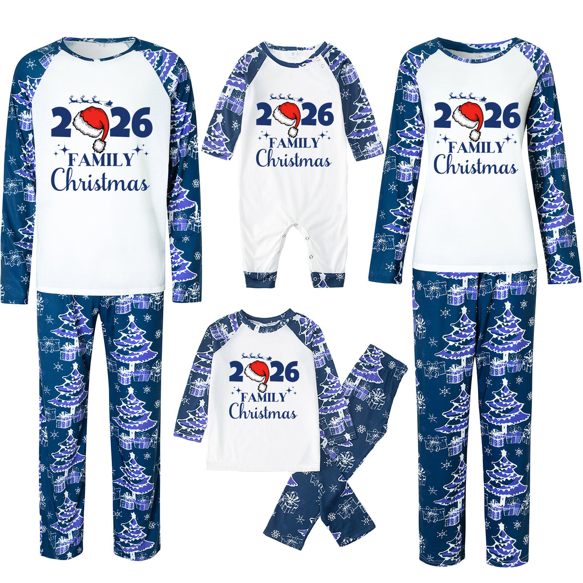 Christmas Pajamas 2026 Family Christmas Reindeer Santa Hat Navy Blue Print Matching Family Sleepwear CHP-140