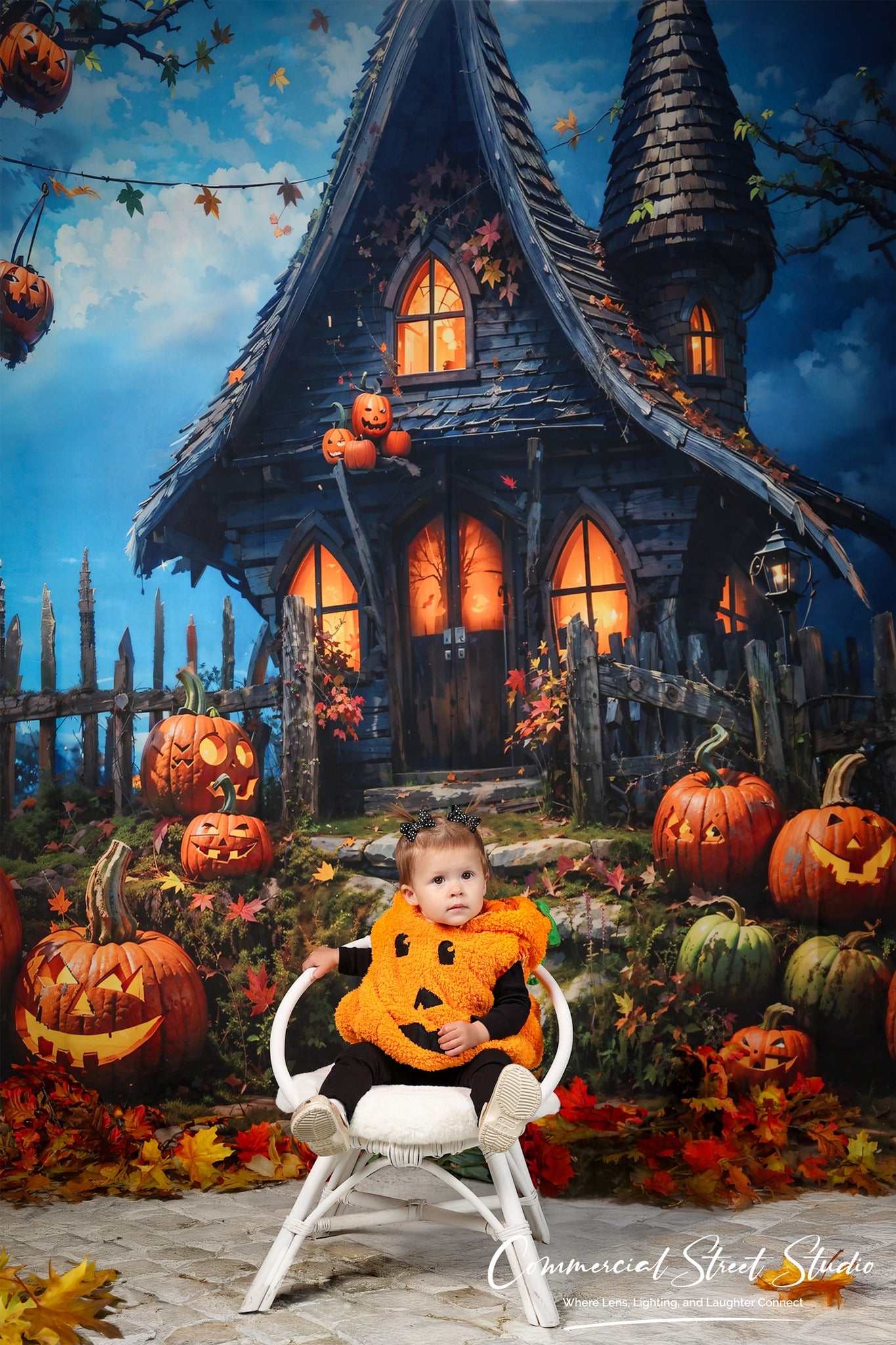 Halloween Backdrop Haunted Pumpkin Cottage Night Halloween Photo Backdrop MRR9-68