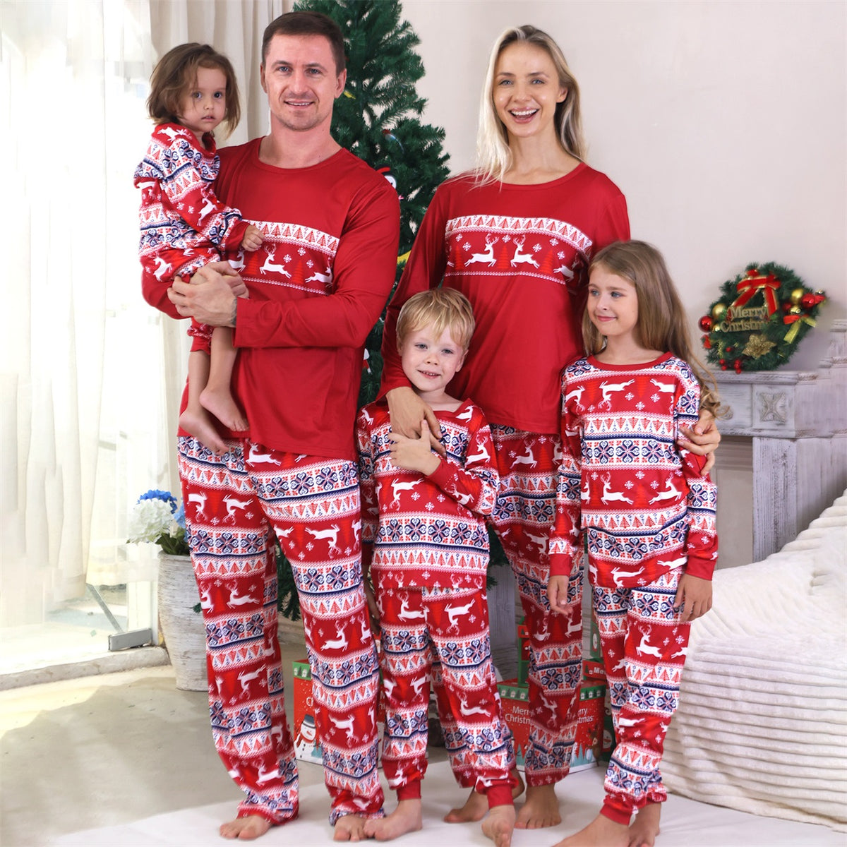 Mommy and Me Christmas Pajamas Red Reindeer Fair Isle Pattern Christmas Pajamas for Family Photos CHP-98